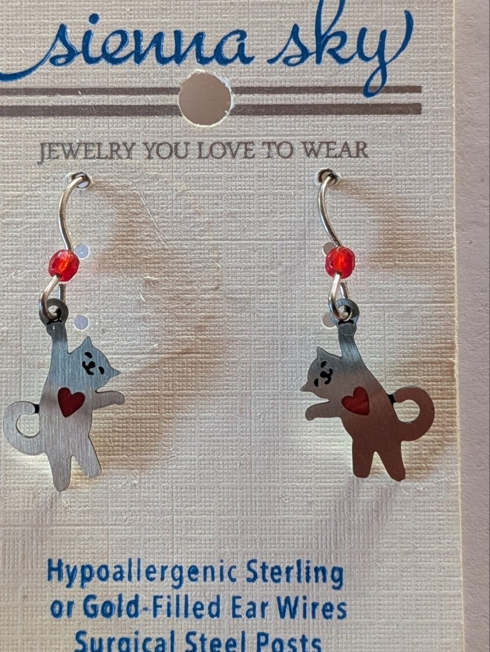 Sienna Sky Silver Toned Cat Earrings w Red Heart & Crystal Bead, New In Package